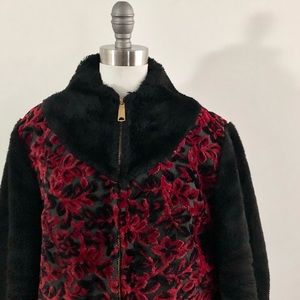 VINTAGE 50'S RED FLORAL FAUX FUR TAPESTRY WINTER JACKET